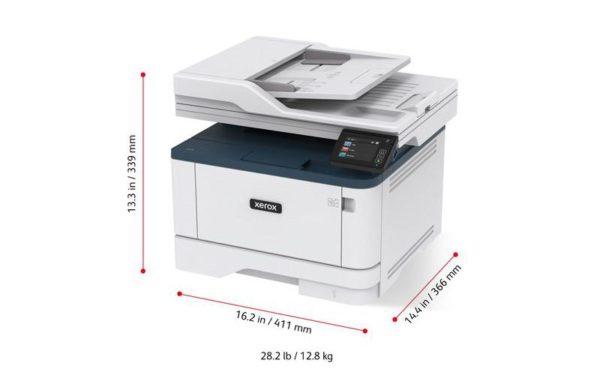 Xerox® B305 multifunction printer, three-quarter view with dimensions.